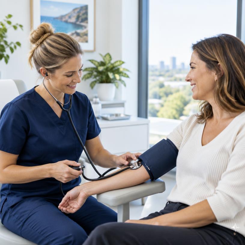 A practitioner checking a patient's blood pressure