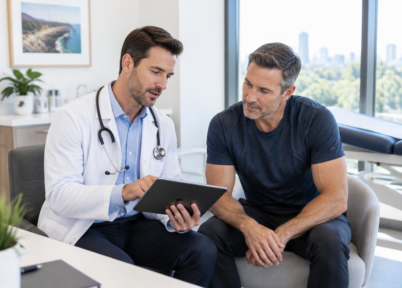 A male doctor reviewing results with a male patient